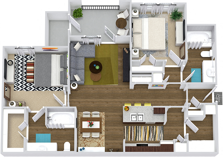Floor plan for 2 beds, 2 baths, 1000 sqft